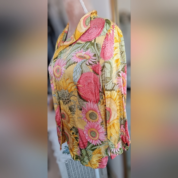 Don Caster~Vintage Yellow Pink & Green Floral Sunflower Silk Button Down Shirt - Picture 5 of 13